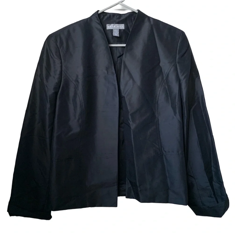 KATE HILL Women’s Black Silk Open Front Jacket Print 3/4 Sleeve Lined